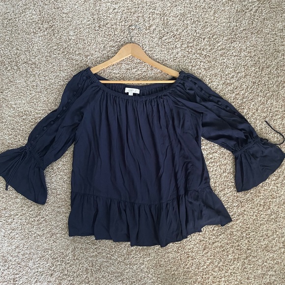 LOFT Tops - Loft Navy Off Shoulder Flare Sleeve with Button Accent Peplum Blouse Large